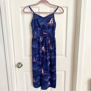 Navy Blue Nautical Print Dress sailboat boat summer palm tree beach vibes